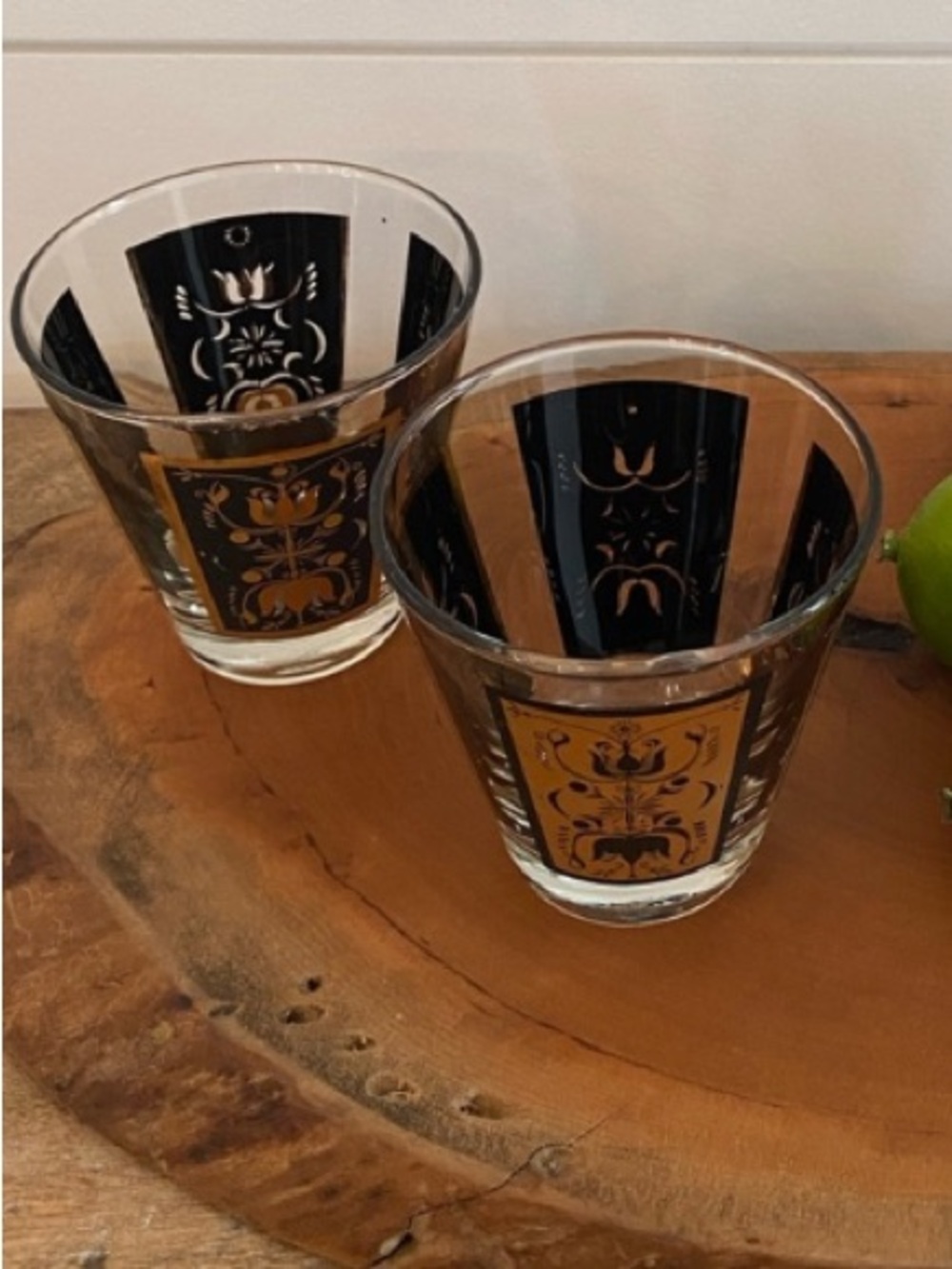 Set of 2 Art Deco Dominion MCM Gold Black Low Ball Whiskey Glasses Mid Century